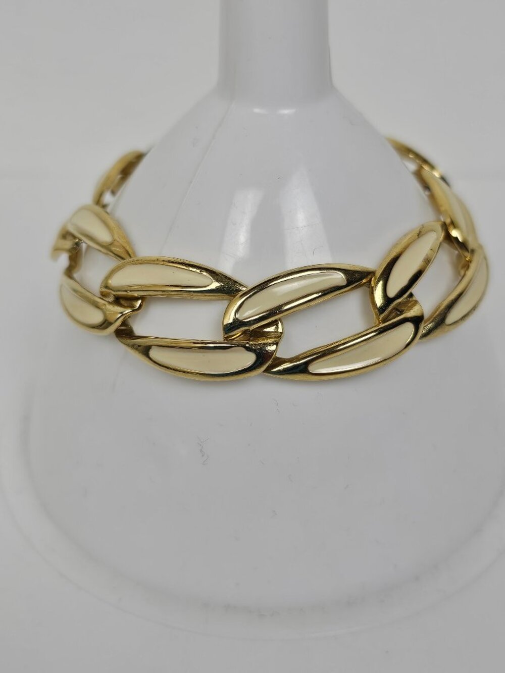 Vintage Cream White Enamel Gold Tone Bracelet Oval Open Chain Link MCM‎ 1960s